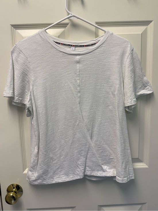 Exclusive Tops - EXCLUSIVE White Slub Knit Asymmetrical Crossover Wrap Tee L